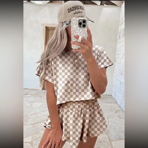Beige and White Checkered Crop Short Sleeve Top and Skort Matching Set